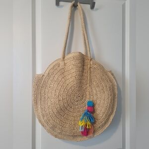 H&M Beige Round Woven Tote with Multicolor Tassel